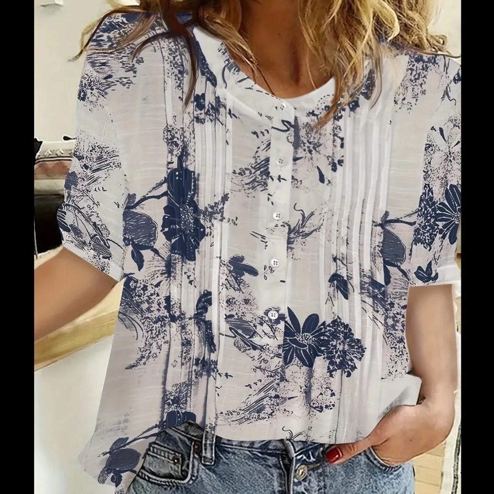 Floral Blue and White Women's Top